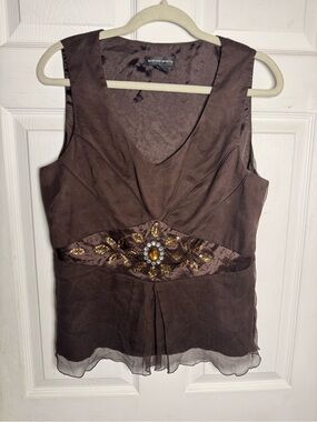 Vintage Y2K Silk Embellished Beaded Brown Sleeveless Chiffon Top Whimsigoth